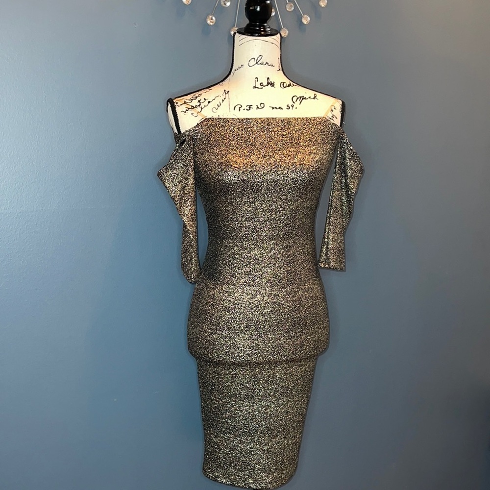Just Me Metallic Silver off the shoulder dress S